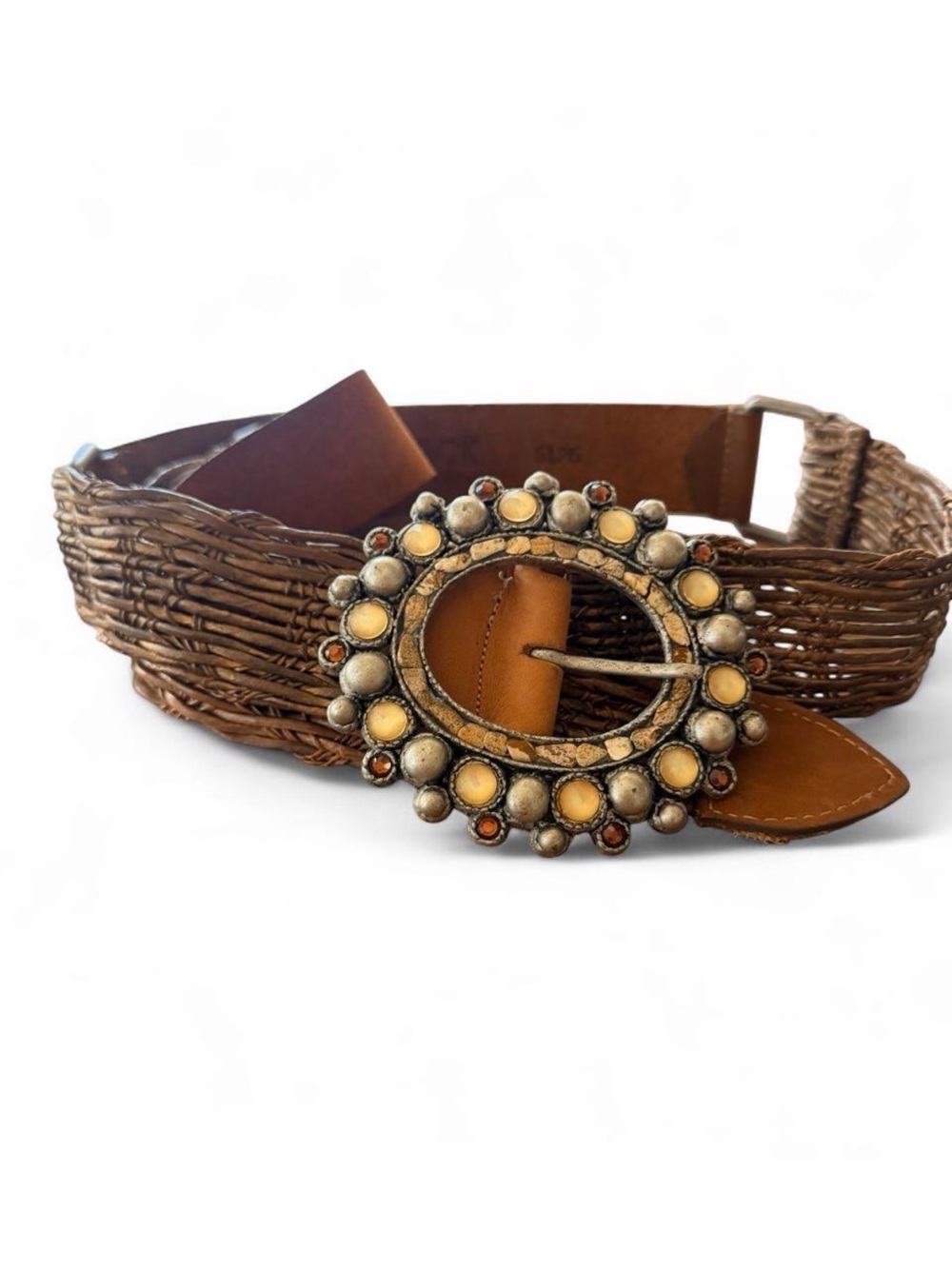 Leatherock Brown Woven Leather Belt with Ornate Round Buckle